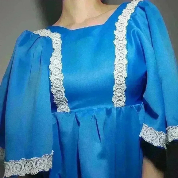 Vintage 70s bright blue babydoll maxi dress with big sleeves & lace ✦ Handmade ✦ - Picture 4 of 16